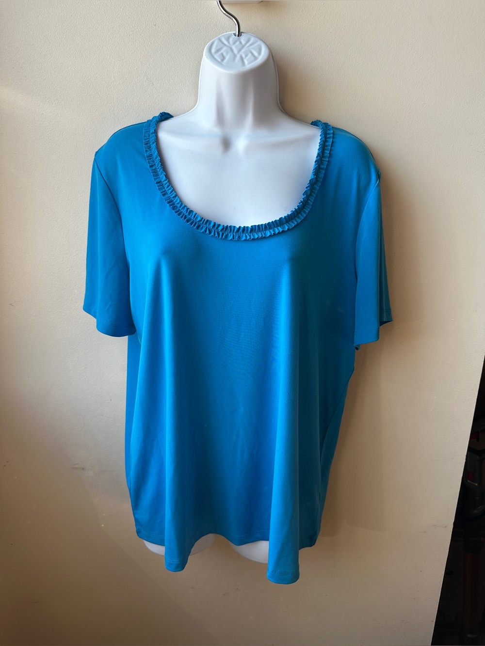 Susan Graver Womens Top Size L Blue Scoop Neck Ruffle Stretch Short Sleeve